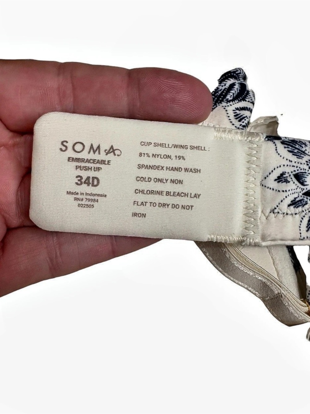 SOMA Embraceable Push Up Bra Floral White & Blue 34D — SO PRETTY!!! NWOT Washed - Picture 4 of 4